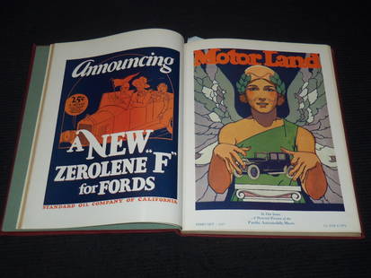 1922-1929 MOTORLAND MAGAZINE BOUND VOLUMES - 9 VOLUMES - GREAT COVERS: Lot of 9 bound volumes of Motorland magazines from 1922-1929. This lot includes: (1922) January-June; (1923) January-June; (1924) January-June; (1927) January-June; (1927) July-December; (1928) Januar