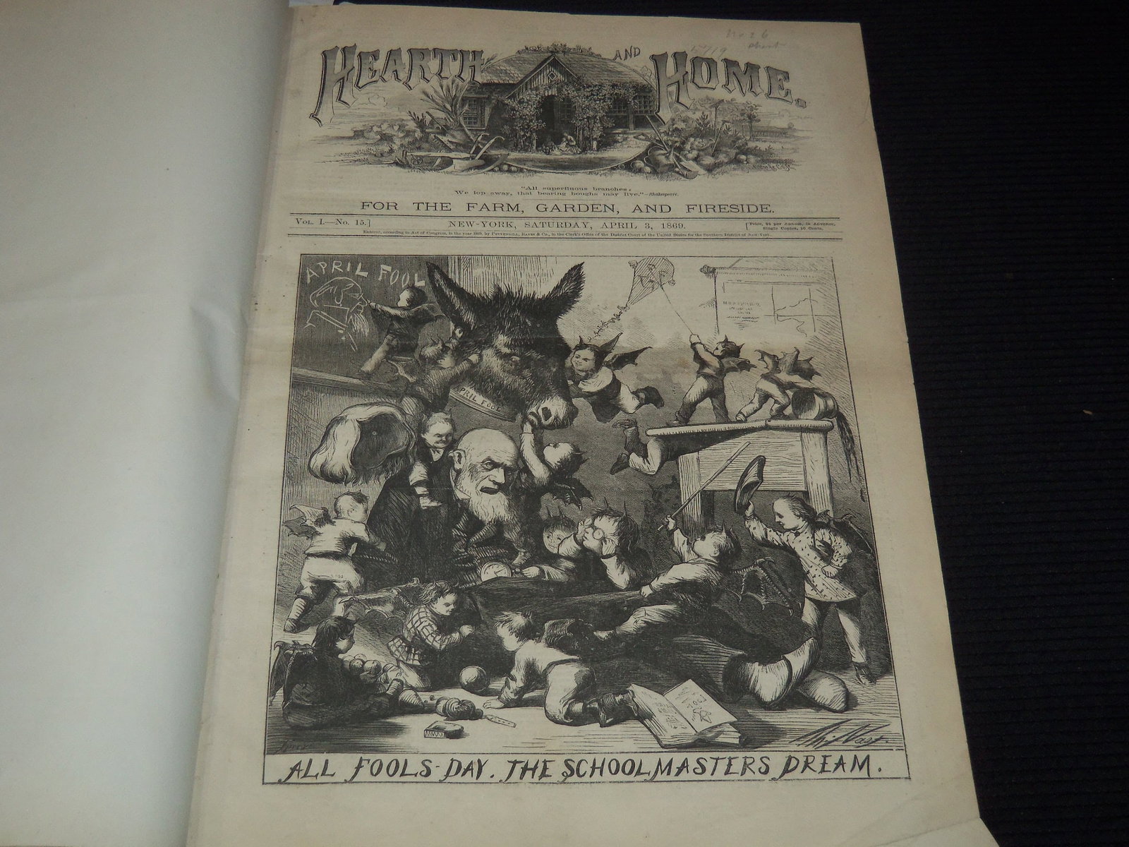 1869 APRIL 3 - DECEMBER 18 HEARTH AND HOME MAGAZINE BOUND VOLUME: A bound volume of Hearth and Home magazine from April 3-December 18, 1869.