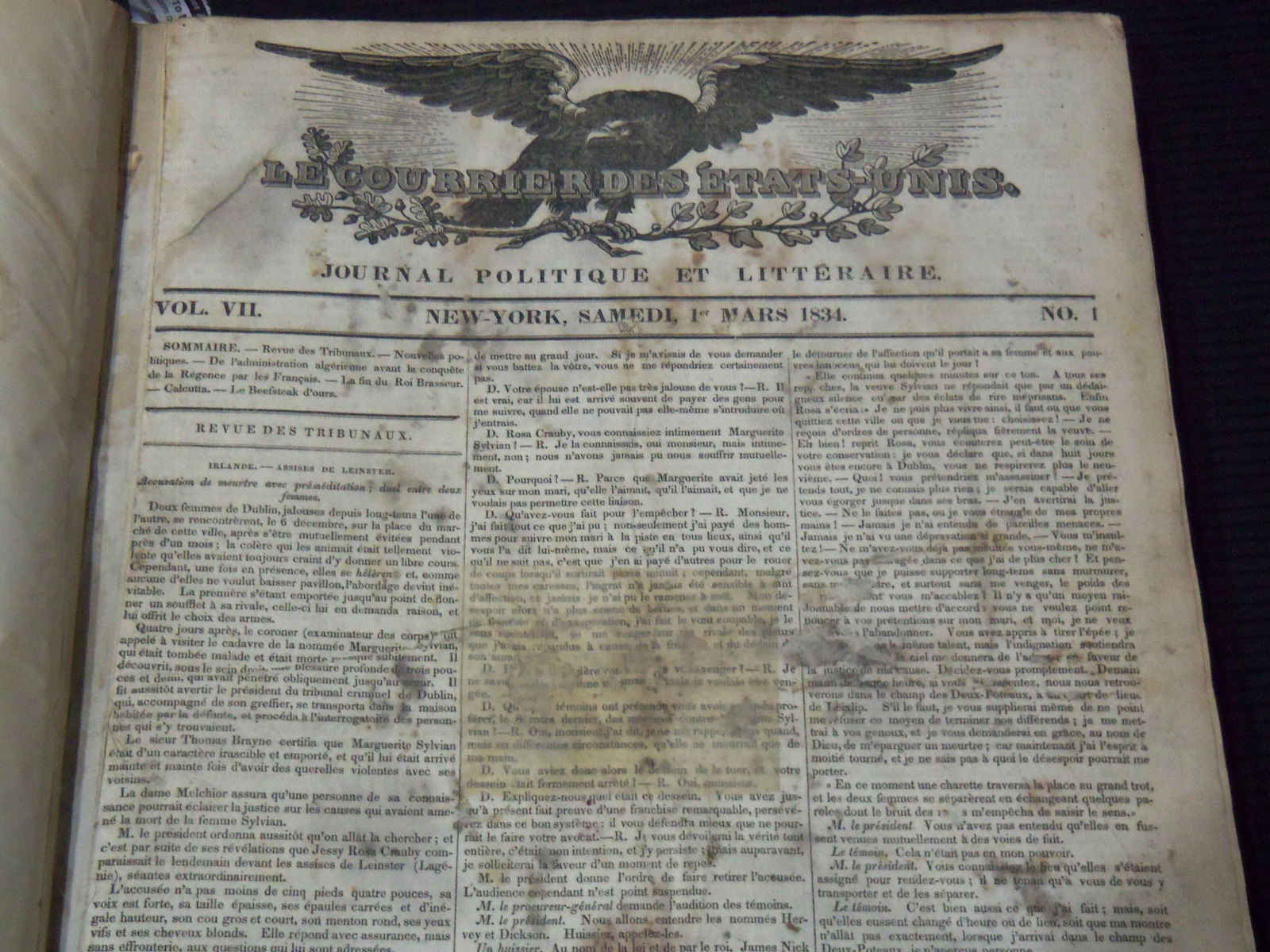 1834 MARCH 1 - 1835 FEBRUARY 28 LE COURRIER DES ETATS UNIS - NEW YORK (1 of 7)