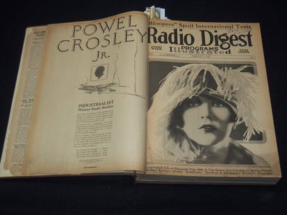 1926 JANUARY-NOVEMBER RADIO DIGEST ILLUSTRATED MAGAZINE BOUND VOLUME - BASEBALL: A bound volume of Radio Digest magazine from January 30th to November 1st of 1926. This volume features great covers, illustrations, articles and advertisements! There is a nice baseball article with