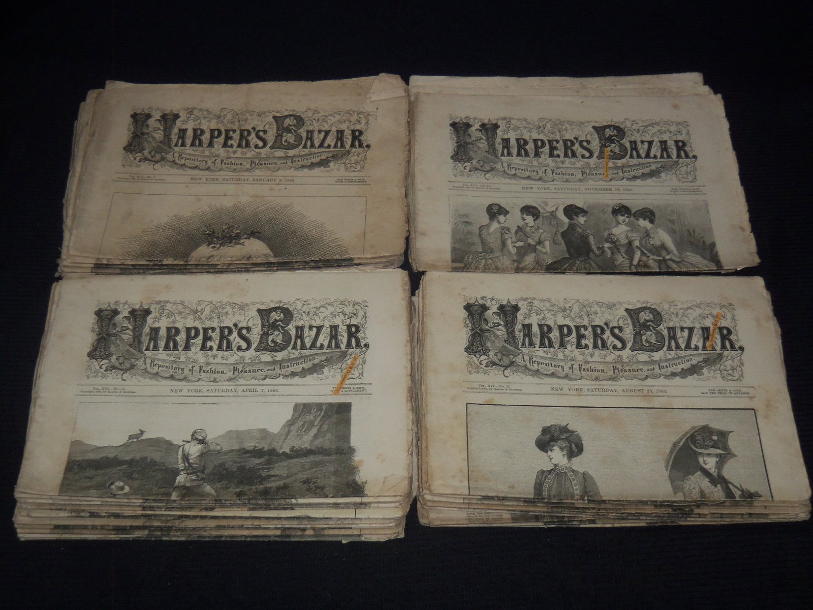 1883 HARPER'S BAZAR MAGAZINE LOT OF 42 ISSUES - FASHION ILLUSTRATIONS: This is a lot of 42 issues of Harper's Bazar magazine from 1883.The dates included are: January 6, 13 & 27; February 3, 10, 17 & 24; March 3, 10 & 17; April 7, 14, 21 & 28; May 5, 12, 19 & 26; June 2,