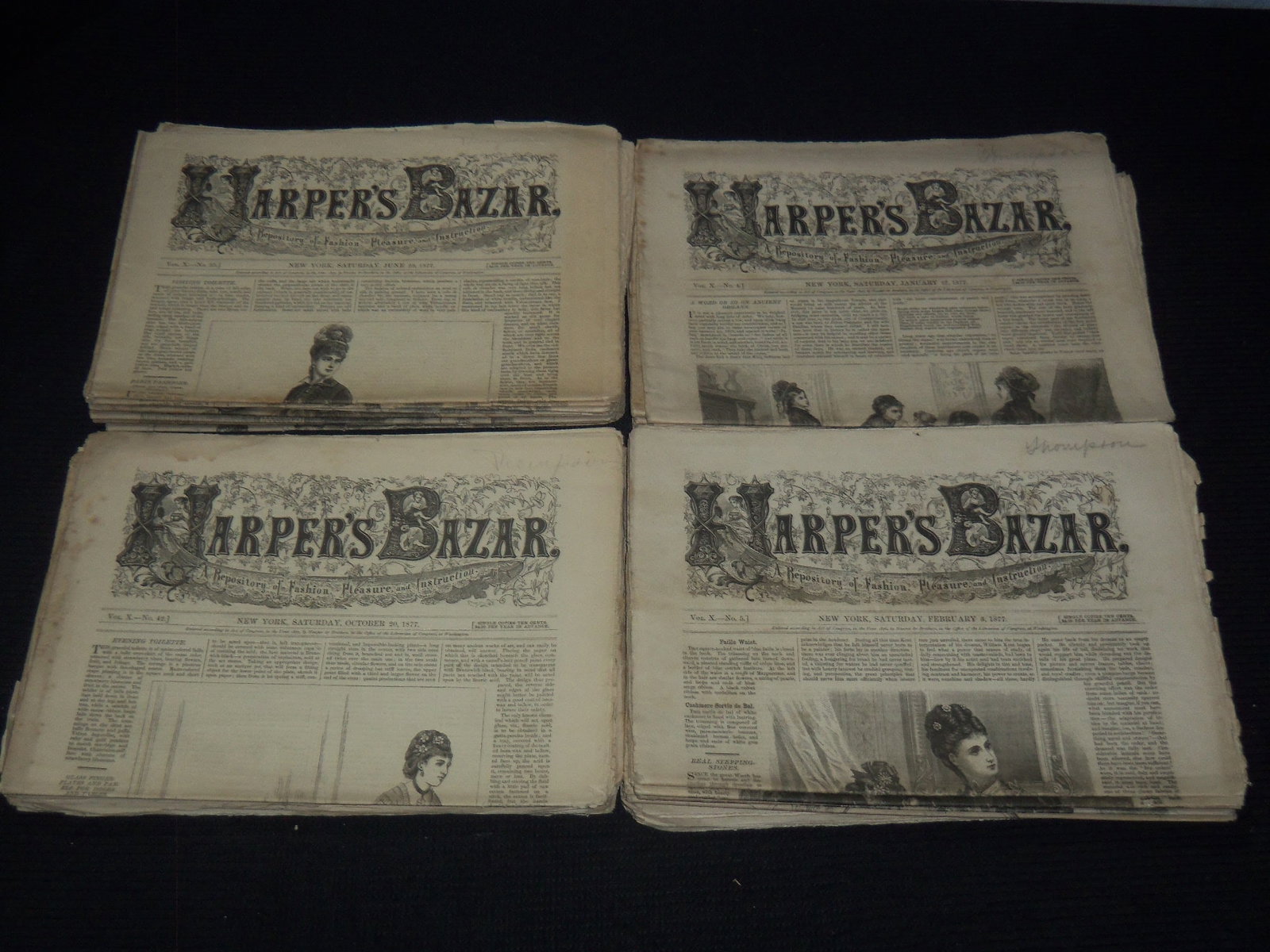 1877 HARPER'S BAZAR MAGAZINE LOT OF 45 ISSUES - FASHION ILLUSTRATIONS: This is a lot of 45 issues of Harper's Bazar magazine from 1877.The dates included are: January 27; February 3, 10, 17 & 24; March 3, 10, 17, 24 & 31; April 7, 14, 21 & 24; May 5, 12, 19 & 26; June 2,