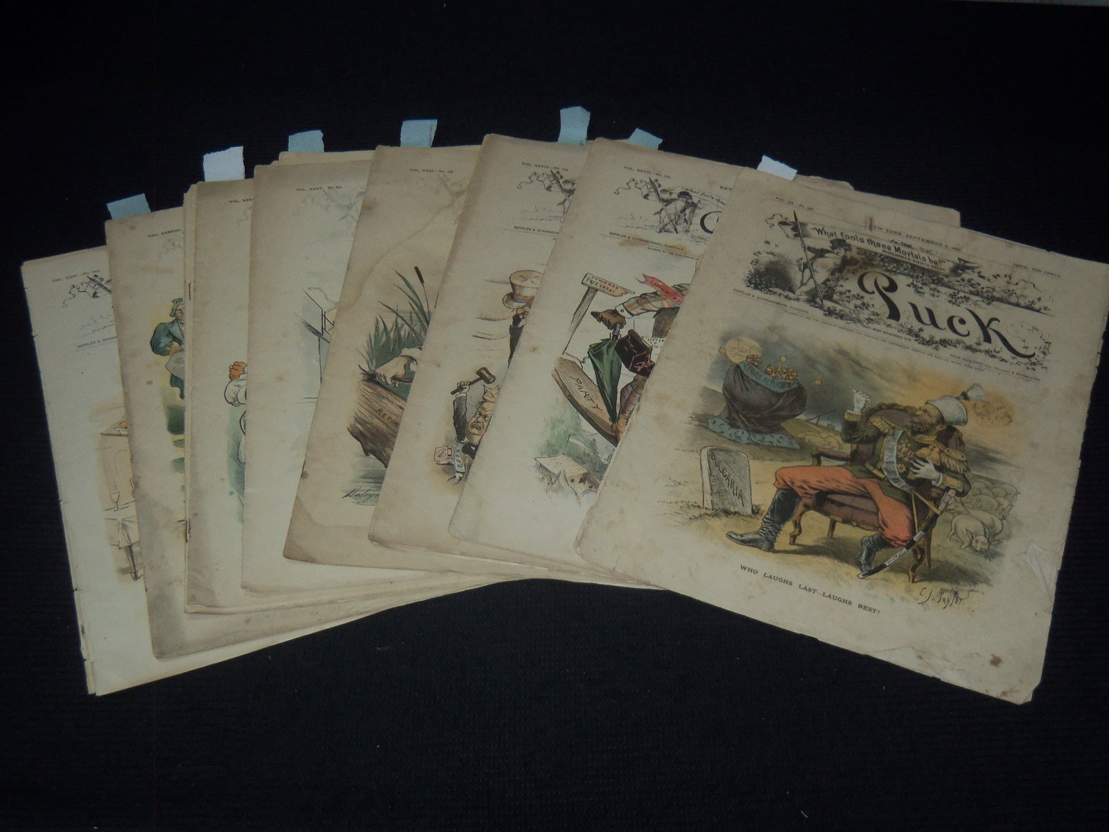 1886-1895 PUCK MAGAZINE LOT OF 8 ISSUES - GREAT COLOR CENTERFOLDS: Lot of 8 issues of Puck magazine from 1886-1895. The dates included are: September 8, 1886; February 20, 1889; September 10, 1890; October 8, 1890; June 22, 1892; April 4, 1894; November 6, 1895; Dece