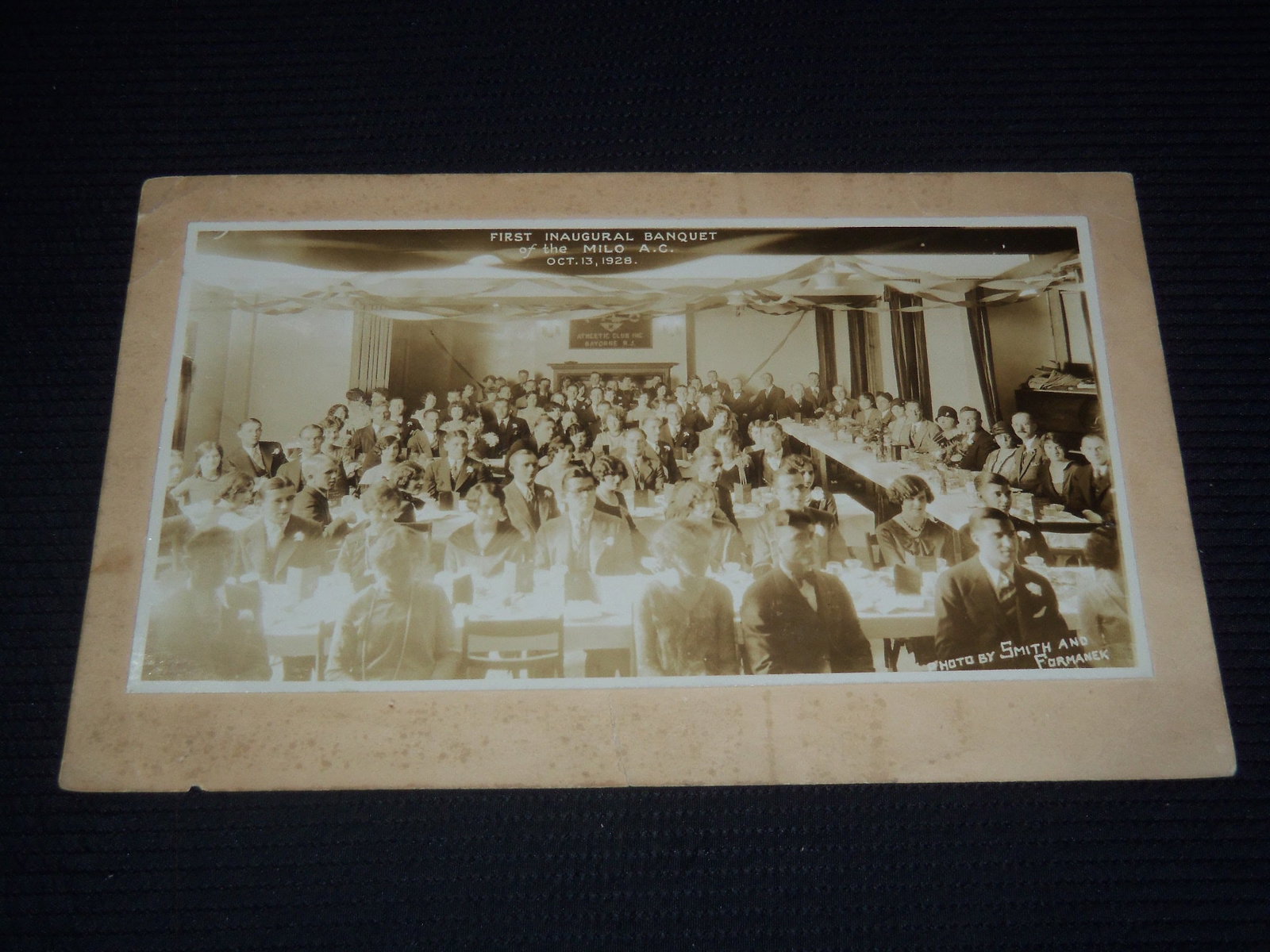 1928 MILO A. C. INAUGURAL BANQUET MOUNTED PHOTO - BAYONNE, NEW JERSEY - 7x11: This is a mounted photo of Milo A. C. Inaugural Banquet from 1928.