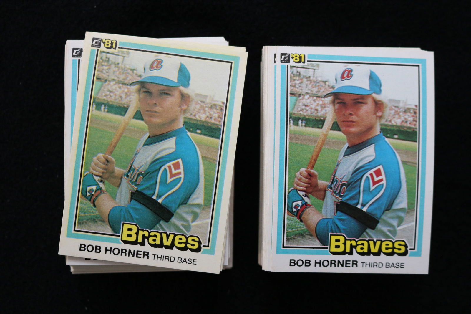 BOB HORNER 1981 DONRUSS BASEBALL CARDS - CARD #99 - NEAR MINT TO MINT CONDITION - APPROXIMATELY 175: This is a lot of approximately 175 Bob Horner 1981 Donruss, card number 99, baseball cards. The cards are in near mint to mint condition.