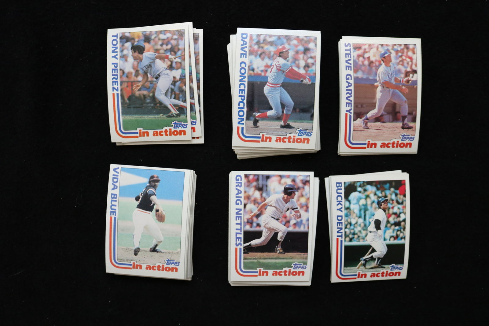 1982 TOPPS BASEBALL CARDS - IN ACTION - NEAR MINT TO MINT CONDITION - LOT OF 94: This is a lot of 94 In Action cards from the 1982 Topps baseball cards set. The cards are in near mint to mint condition.