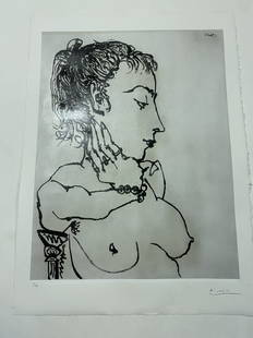 Pablo PICASSO Lithographie original woman's face: Pablo PICASSO (1881-1973)woman's face aquatint, on Arches paper, 1955,signed in pencil, numbered 25/50,published by the galerie Louise Leiris, Paris,generally good condition, framedImage: 25 1/2 x 19