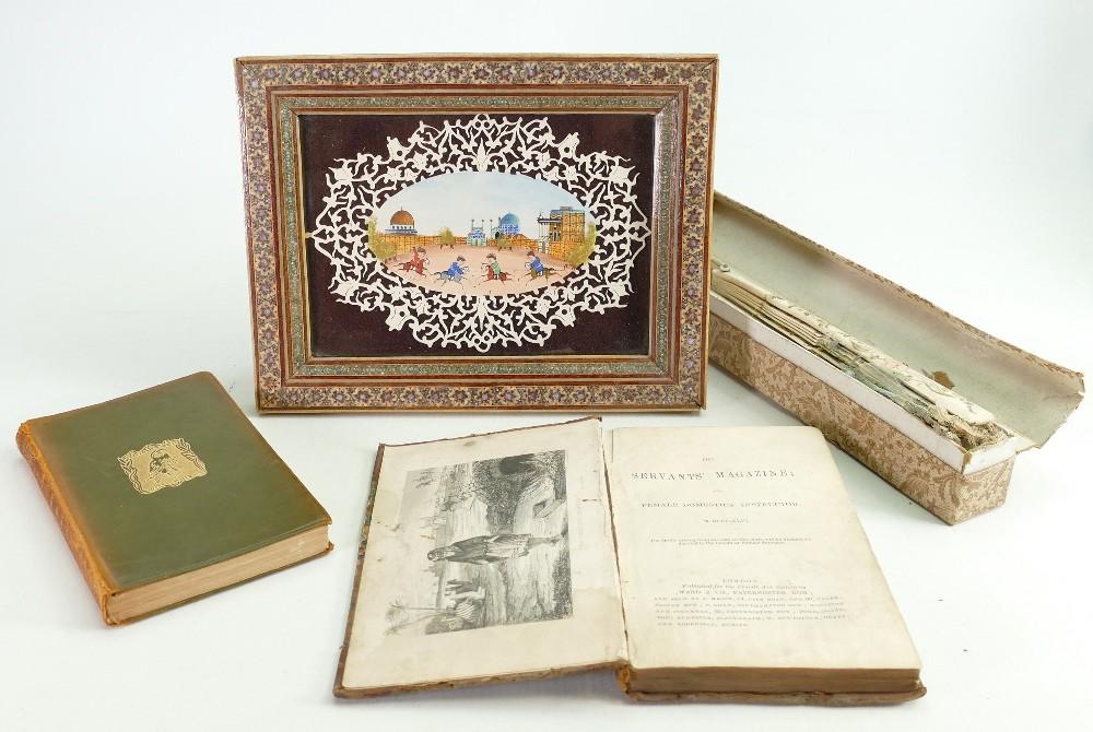 Two antique fans for restoration oriental painting and: Two antique fans for restoration oriental painting and 2 old books: Books are Men & Women by Robert browning & Servants magazine, Eastern / Oriental painting in micro mosaic frame, 17 cm x 22 cm overa