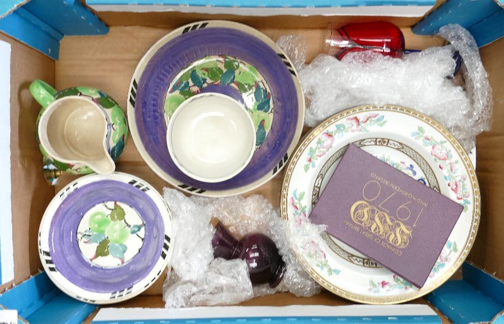 Tray lot containing Scottish pottery signed RA Bough: Tray lot containing Scottish pottery signed RA Bough plus other items: Together with large Indian Tree pattern bowls & 1970 proof coin set.