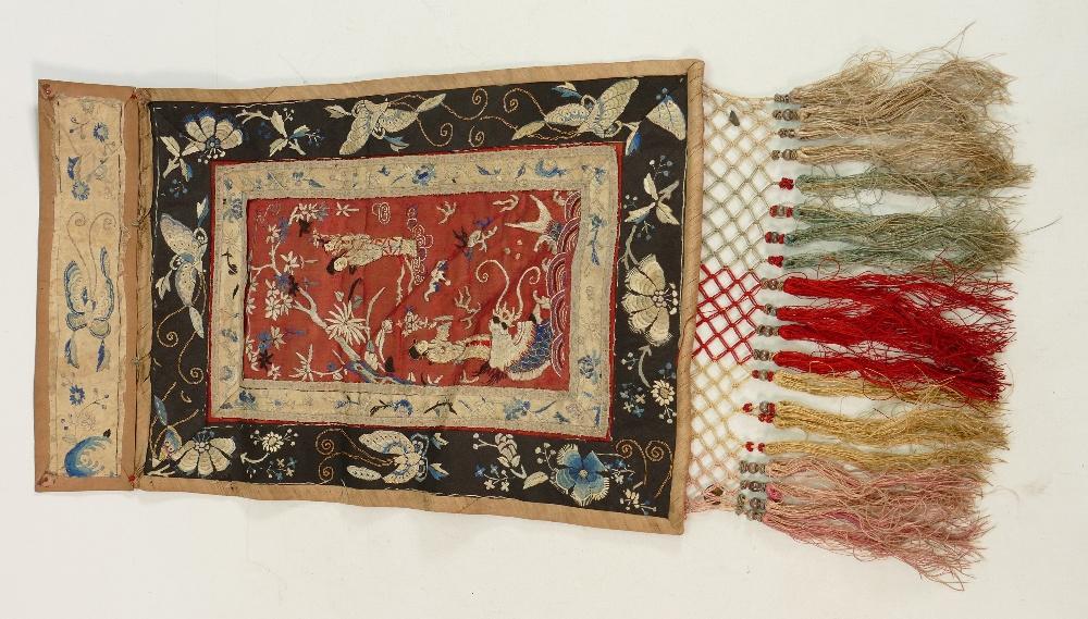 Chinese small silk wall hanging depicting figures in: Chinese small silk wall hanging depicting figures in garden: Measures 60 cm. Fairly good overall condition, with odd areas of minor compromise.