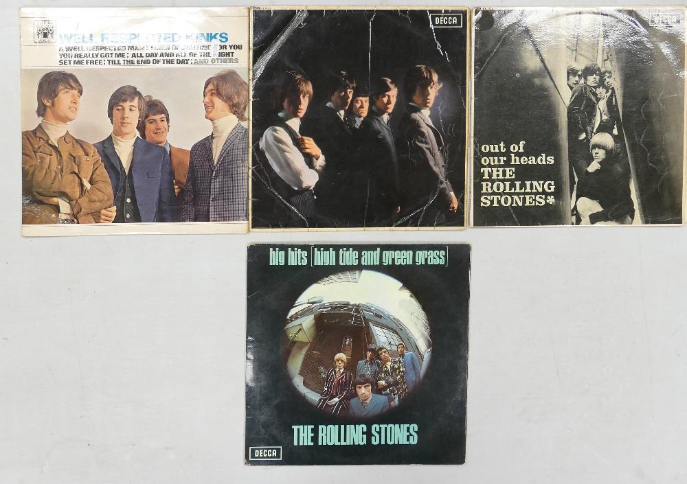 Rolling Stones Lp's to include: High Tide & Green Grass: Rolling Stones Lp's to include: High Tide & Green Grass xarl-7503-1a with leaflet, Out of Our Heads arl-6973-10b, The Rolling Stones xarl-6272-3a together with The Well Respected KInks mal 612a-1