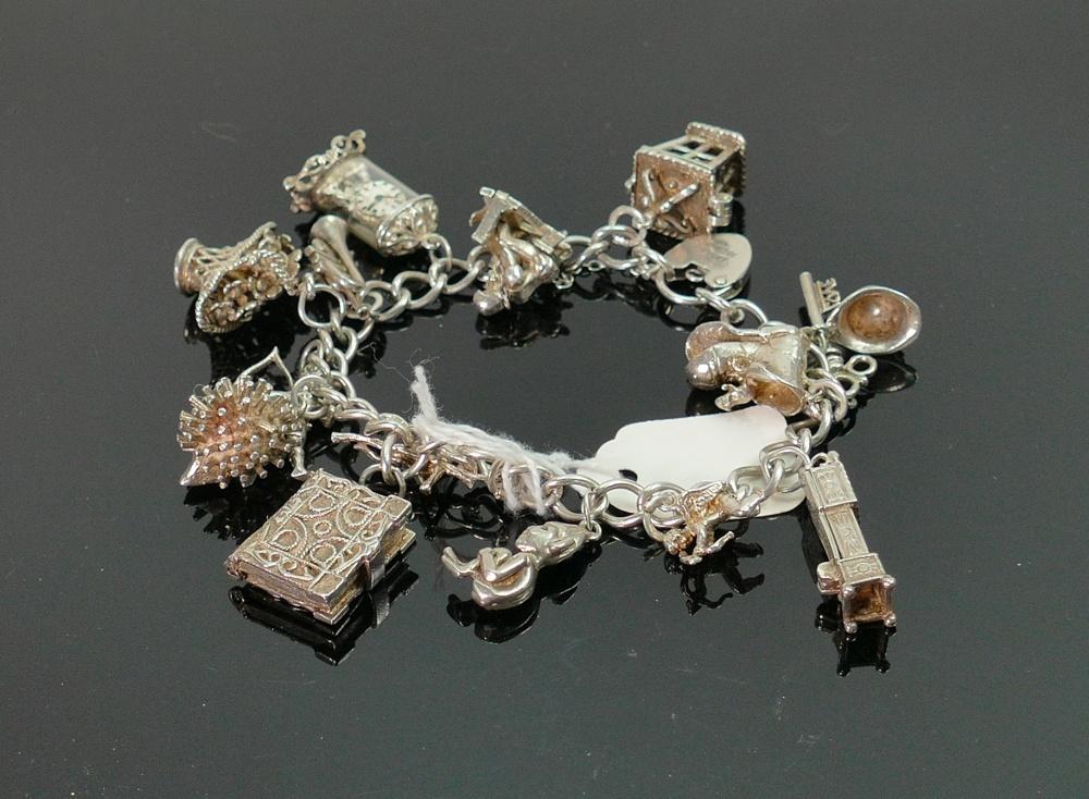 Ladies Silver charm bracelet with 15 charms, 60g: (1 of 1)