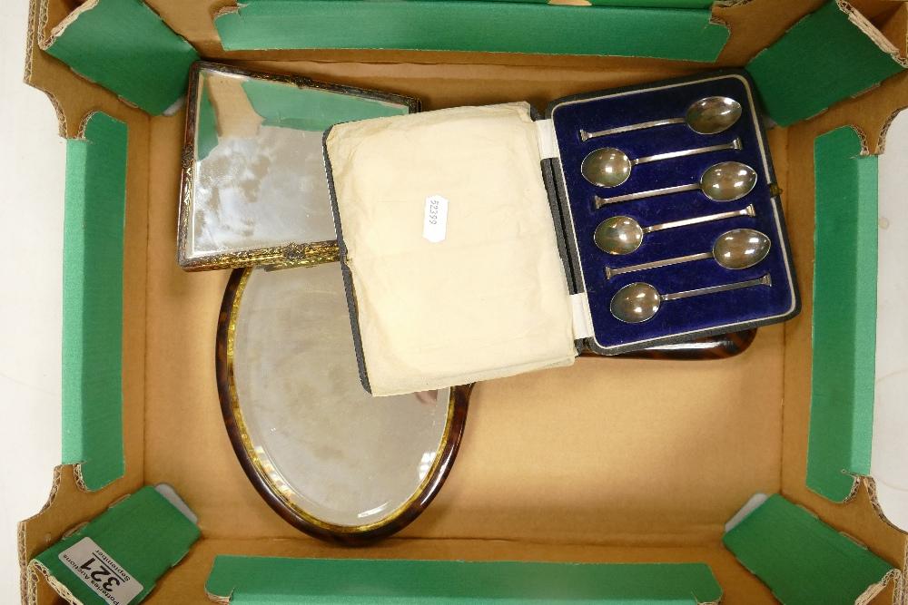 A mixed collection of items to include: Cased Silver: A mixed collection of items to include: Cased Silver Set & two Dressing Table Mirrors