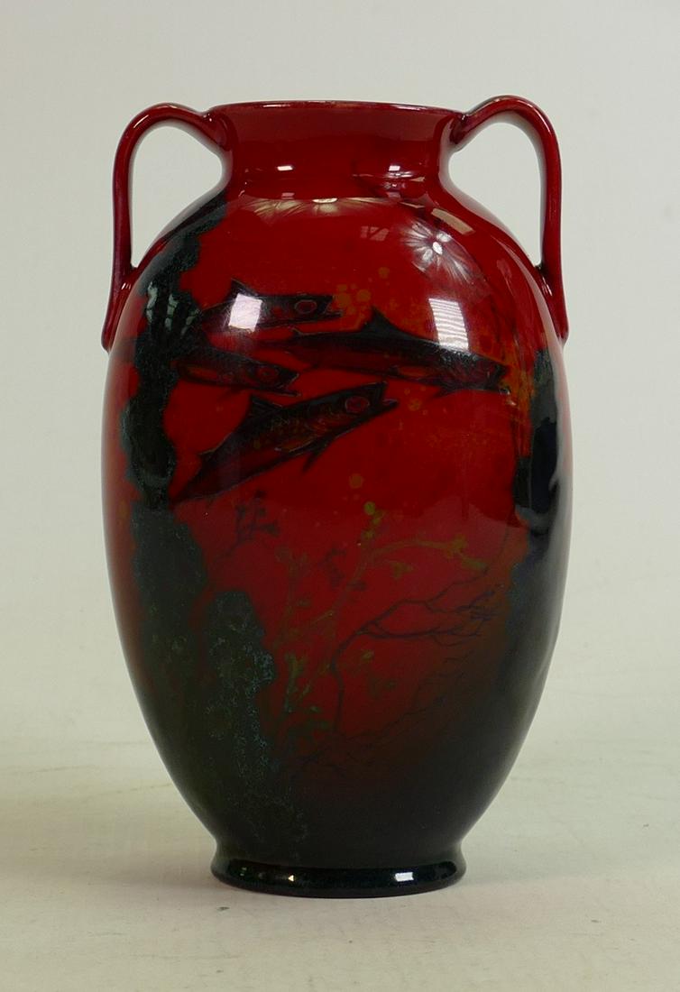 Royal Doulton Flambe Sung two handled vase: Decorated: Royal Doulton Flambe Sung two handled vase: Decorated all around with a shoal of fish and underwater foliage, height 14.25cm. (Pin head size nick to top rim).