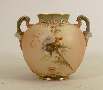 Royal Worcester blush ivory two handled vase: Decorated: Royal Worcester blush ivory two handled vase: Decorated with flowers, height 12.5cm. (Some wear to gilding on top rim).