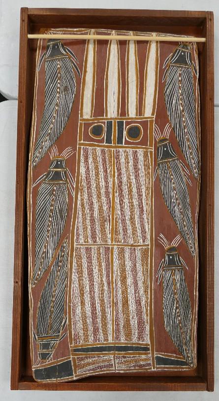 Bob Bilinyara large Aboriginal Bark Painting: From the: Bob Bilinyara large Aboriginal Bark Painting: From the Wulaki Tribe from Cadji Lagoon on the mainland South of Lilingimbi, frame size 89cm x 46cm, marked with label to reverse.
