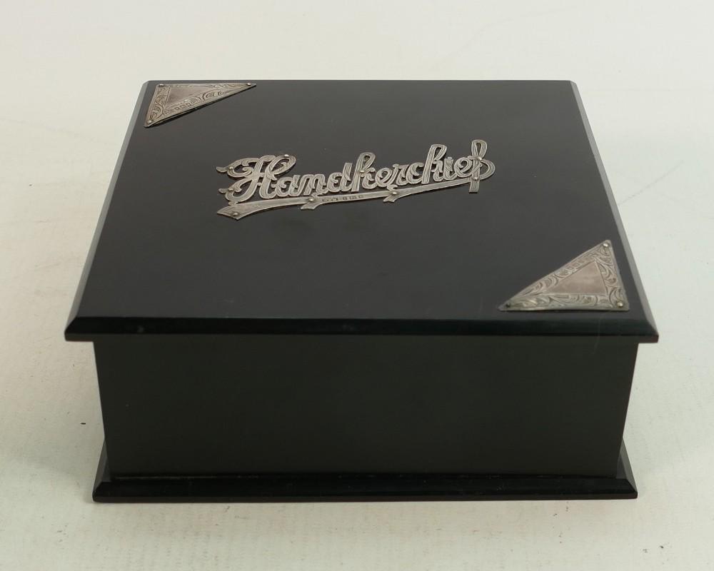 Silver mounted handkerchief box: 16cm x 15.5cm.: Silver mounted handkerchief box: 16cm x 15.5cm.