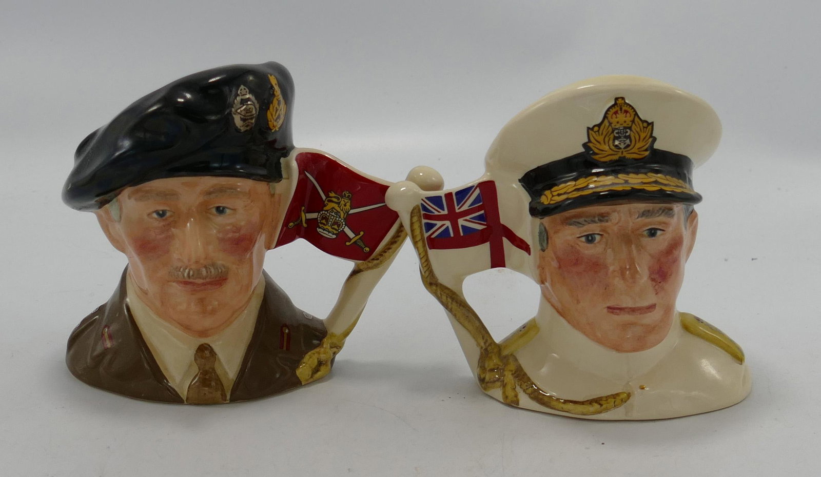 Royal Doulton small character jugs Earl Mountbatten of: Royal Doulton small character jugs Earl Mountbatten of Burma D6881: Viscount Montgomery of Alamein D6850limited edition both 211/9500