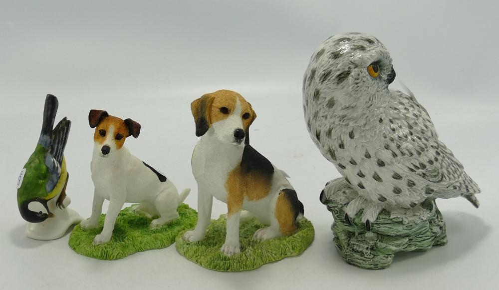 Two Border fine arts figures of a Jack Russell and: Two Border fine arts figures of a Jack Russell and Beagle: together with a Mack snowy owl and a Geobel tit (4)