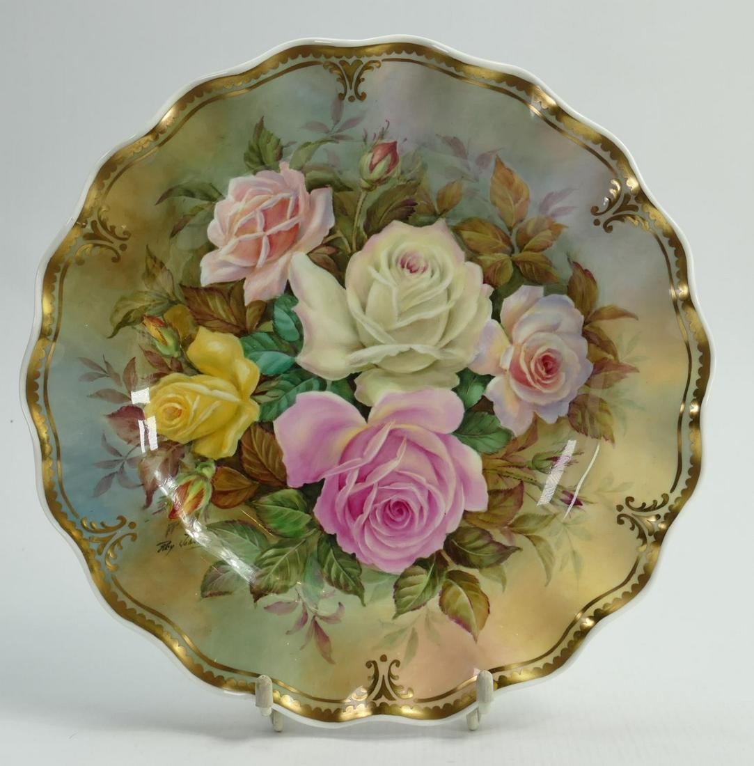 Reg Johnson personal family floral hand painted plate: Reg Johnson personal family floral hand painted plate dedicated to his wife: Signed Reg Johnson to front & on reverse stating 'Roses from our garden, Christmas 1983, for Ruth, Reg', It is believed thi