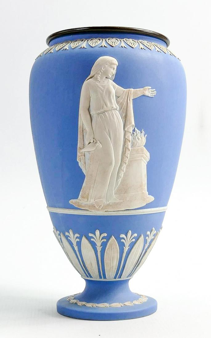 19th century Wedgwood pale blue dipped Jasperware oil: 19th century Wedgwood pale blue dipped Jasperware oil lamp base: Height 27.5cm.