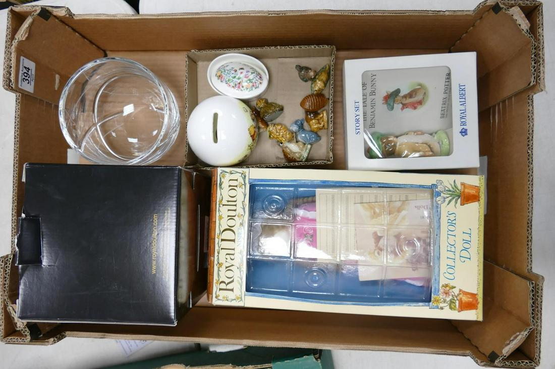 A mixed collection of items to include: Royal Albert Tale of Benjamin Bunny Story Set, Royal Doulton: A mixed collection of items to include: Royal Albert Tale of Benjamin Bunny Story Set, Royal Doulton Crystal bowl similar Collectors Doll, Wade Whimsies etc