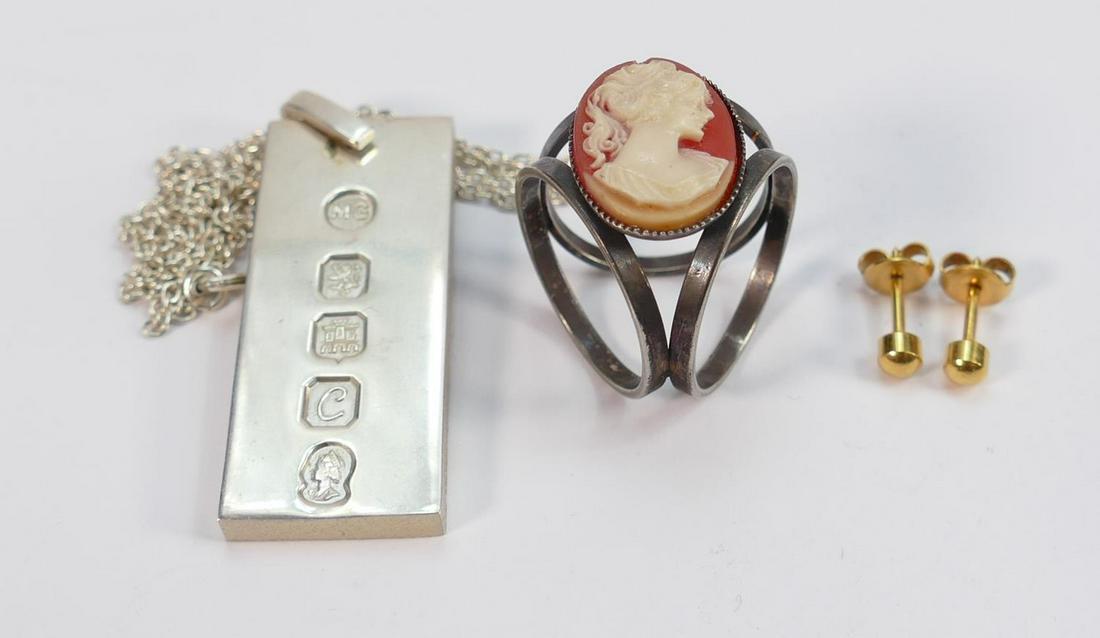 Silver ingot & chain, 35.5g:pair earrings and cameo ring. (3) (1 of 1)