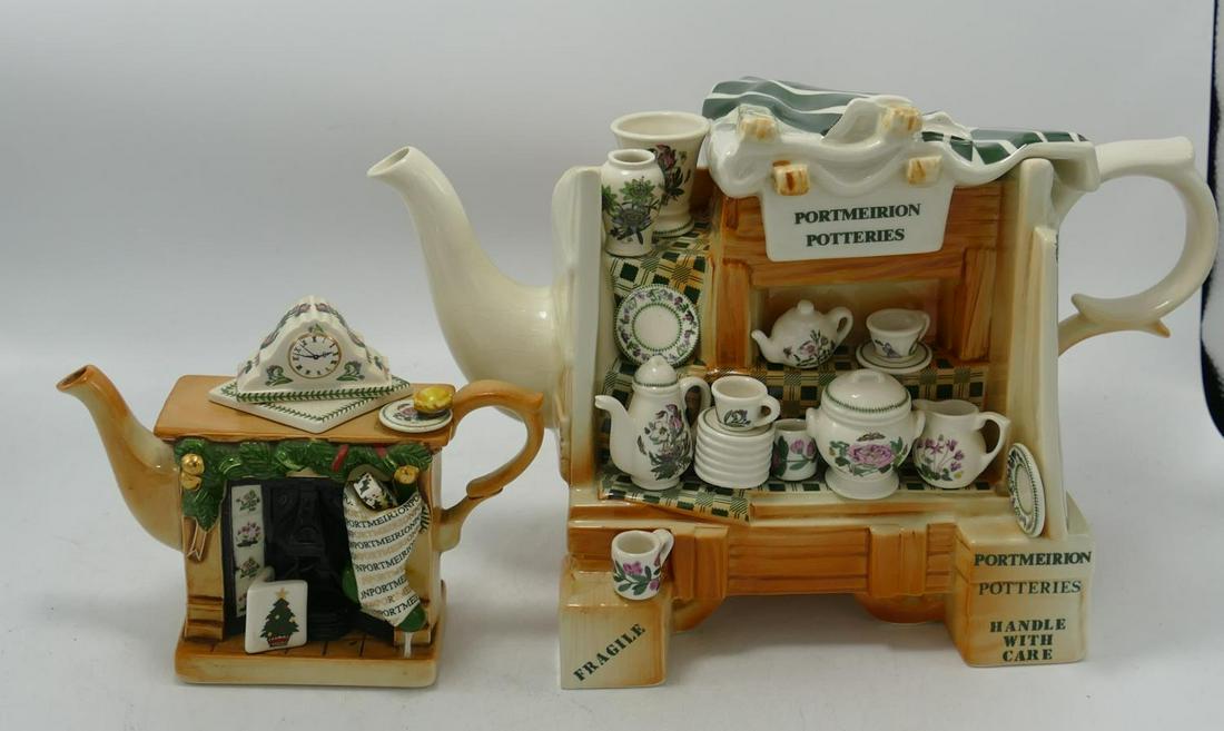 Portmeirion Limited Edition Cardew Design The China Stall Novelty Teapot: height 21cm together with: Portmeirion Limited Edition Cardew Design The China Stall Novelty Teapot: height 21cm together with smaller Christmas Theme item(2)
