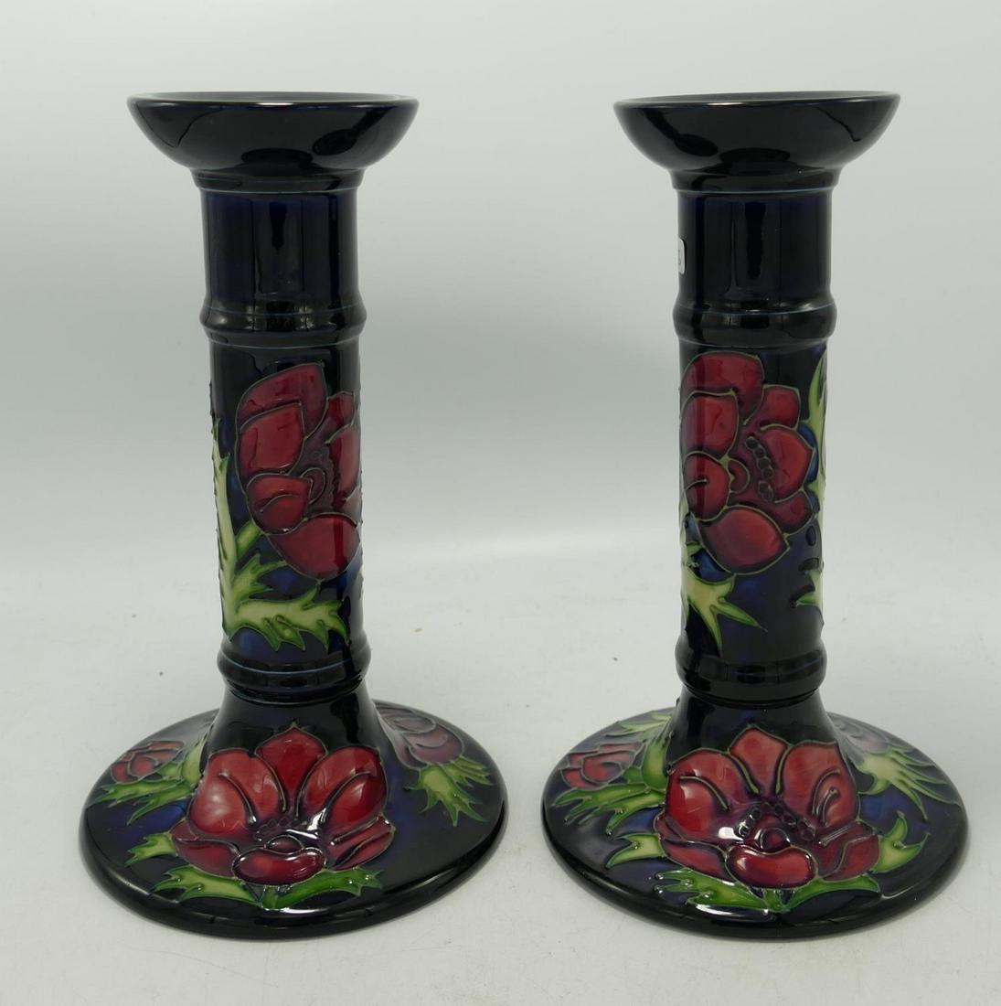 Moorcroft Anemone on Blue Ground Candlesticks: height 21cm(2) (1 of 1)
