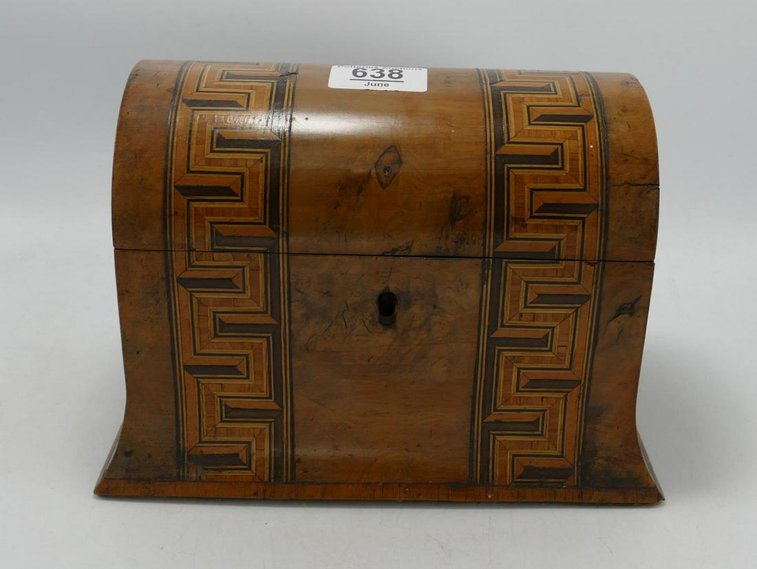 Victorian walnut tea caddy with Tunbridge parquetry decoration: Measures 22.5cm wide, complete with (1 of 2)