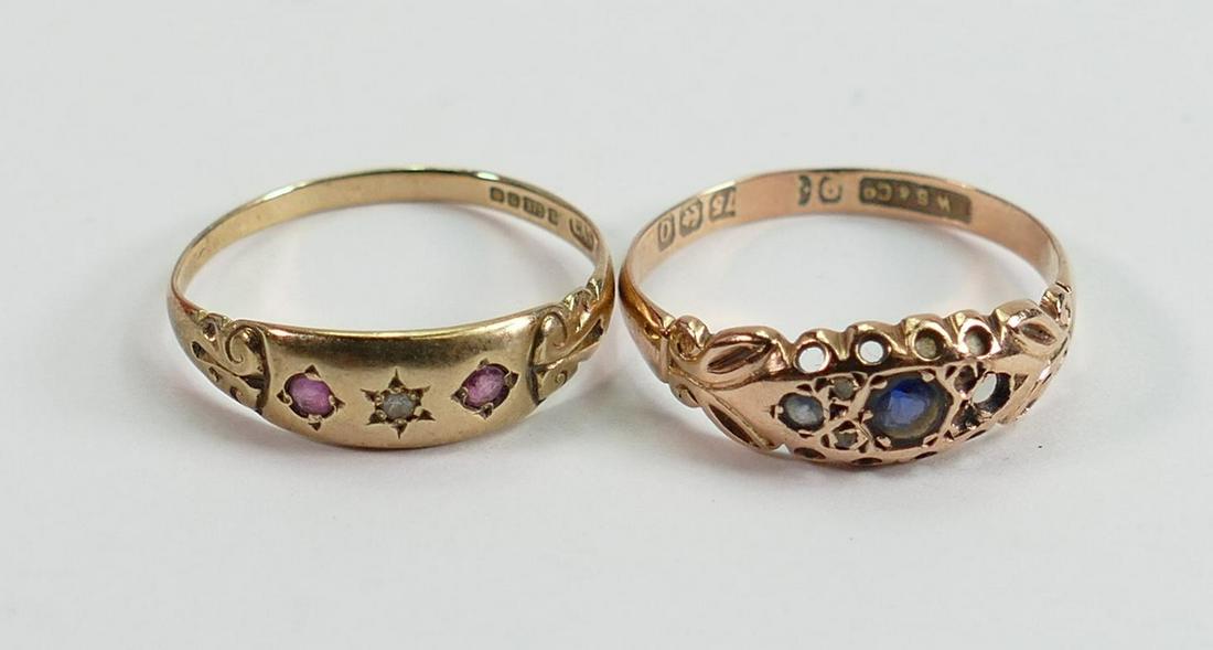 Antique 9ct rose gold ring, stone missing, 1.7g: and another 9ct gold ring, 1.4g (2) (1 of 1)