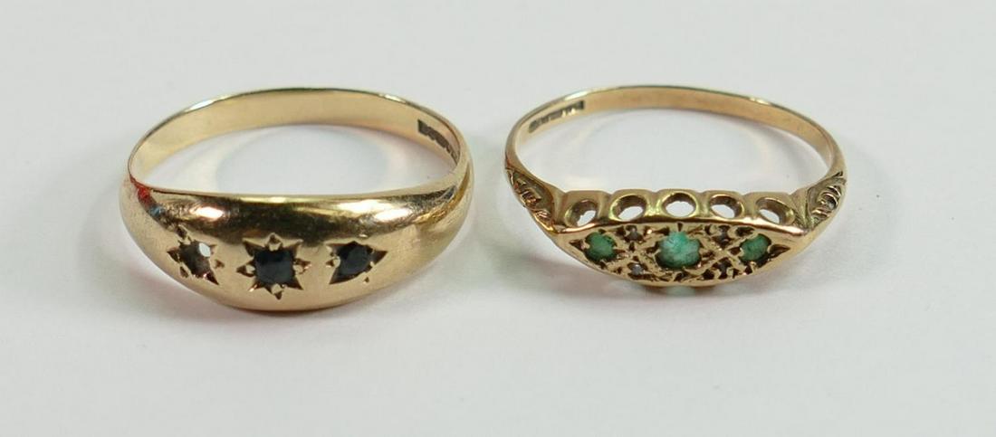9ct gold ladies ring set with blue stones: and another set with green stones, 3g. (2) (1 of 1)