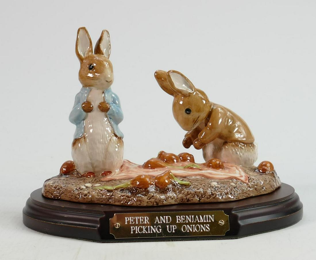 Beswick Beatrix Potter tableau figure: Peter and Benjamin Picking Onions, limited edition, on wood (1 of 3)