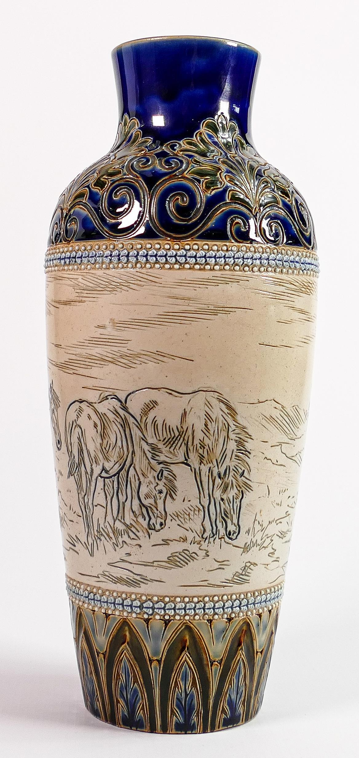 Hannah Barlow for Doulton Lambeth: A vase decorated all around with horses with dark blue/green (1 of 3)