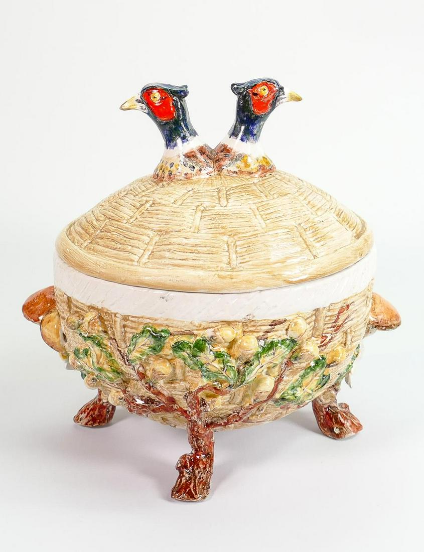 Majolica style tureen and cover in the form of a Pheasant Basket: Signed and dated (under glaze) by (1 of 3)