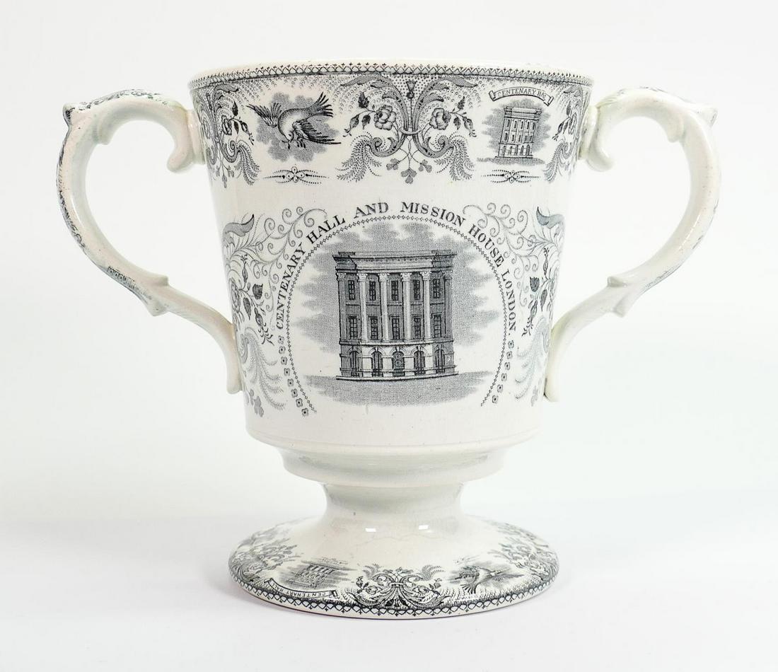 19th century two handled commemorative loving cup: John Wesley 1703-1791 with Centenary Hall &: 19th century two handled commemorative loving cup: John Wesley 1703-1791 with Centenary Hall & Mission House London, h.18cm.