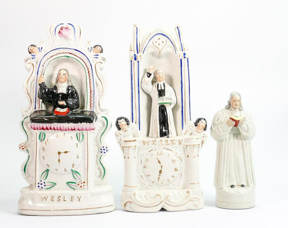 A collection of 19th century Staffordshire pottery: Related to John Wesley, comprising figurine and: A collection of 19th century Staffordshire pottery: Related to John Wesley, comprising figurine and two flat back figures, tallest h.30cm. (3)