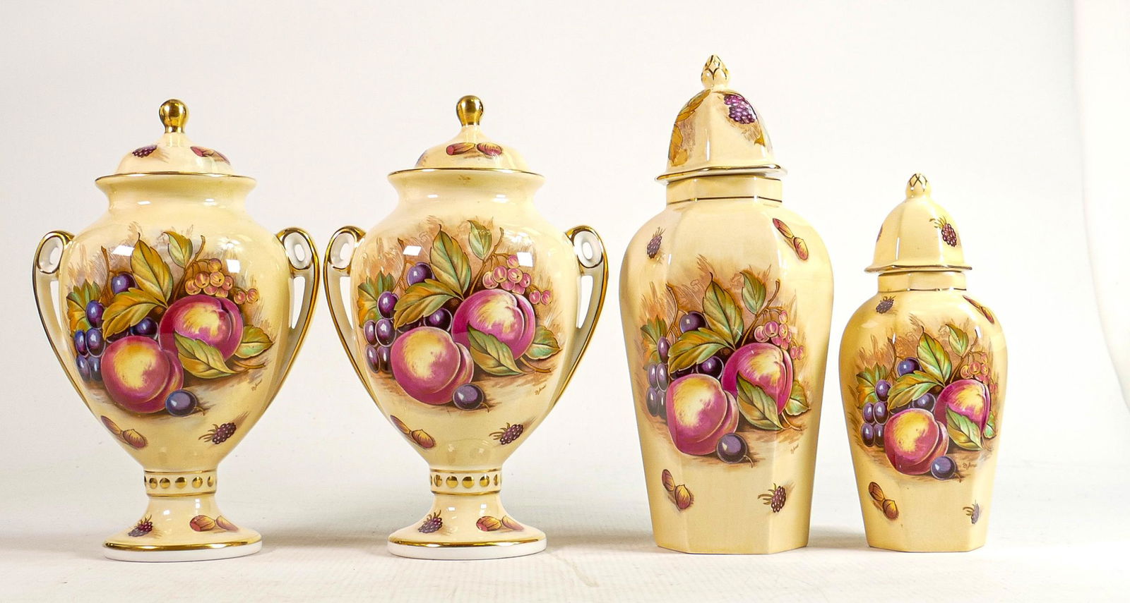 Aynsley Orchard Gold patterned vases: A pair of handled vases one with stress fracture to foot & 2 (1 of 6)