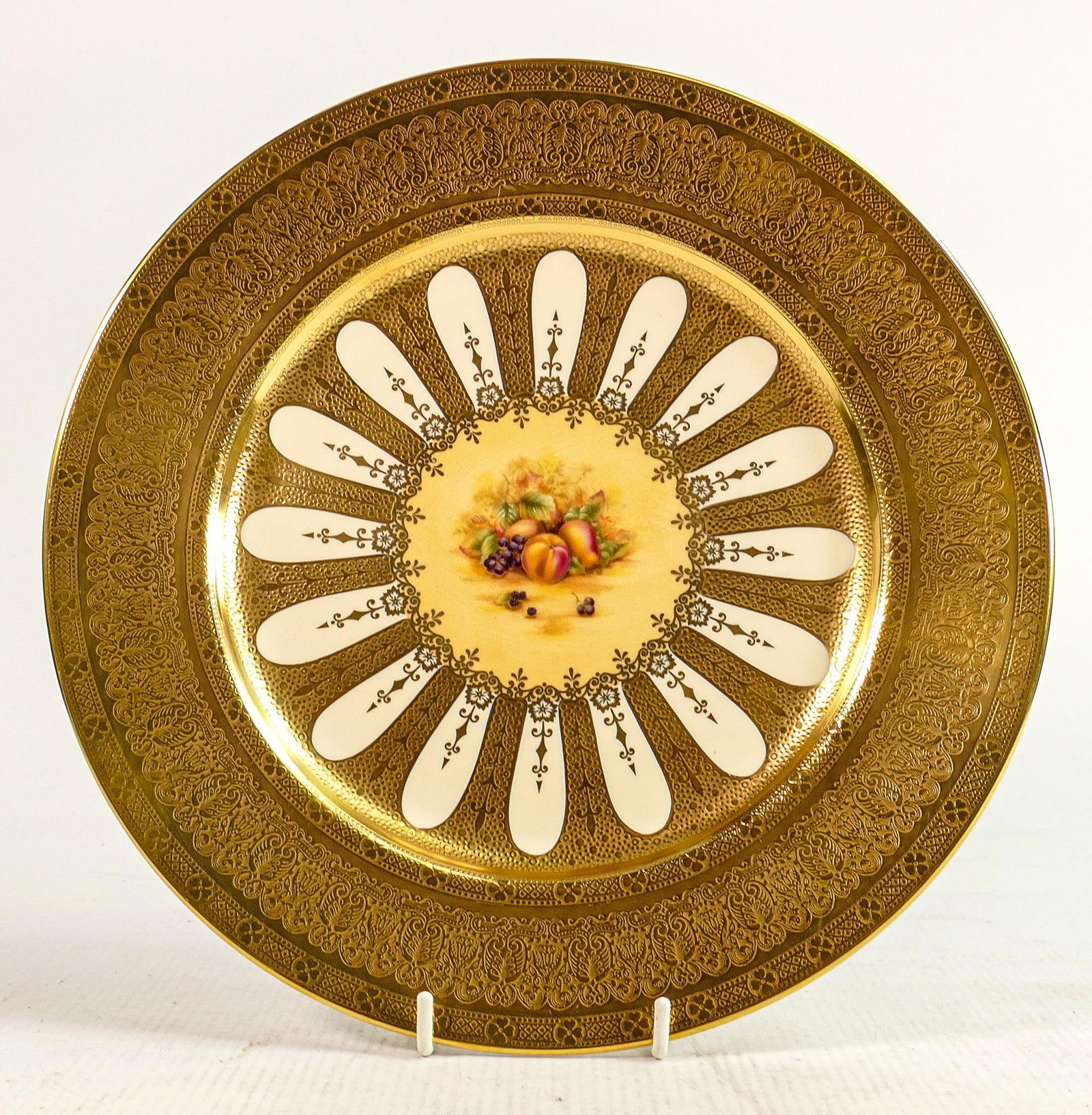 A collection of Aynsley Orchard Gold china: To include gilded cabinet plate, part coffee set, vases (1 of 2)