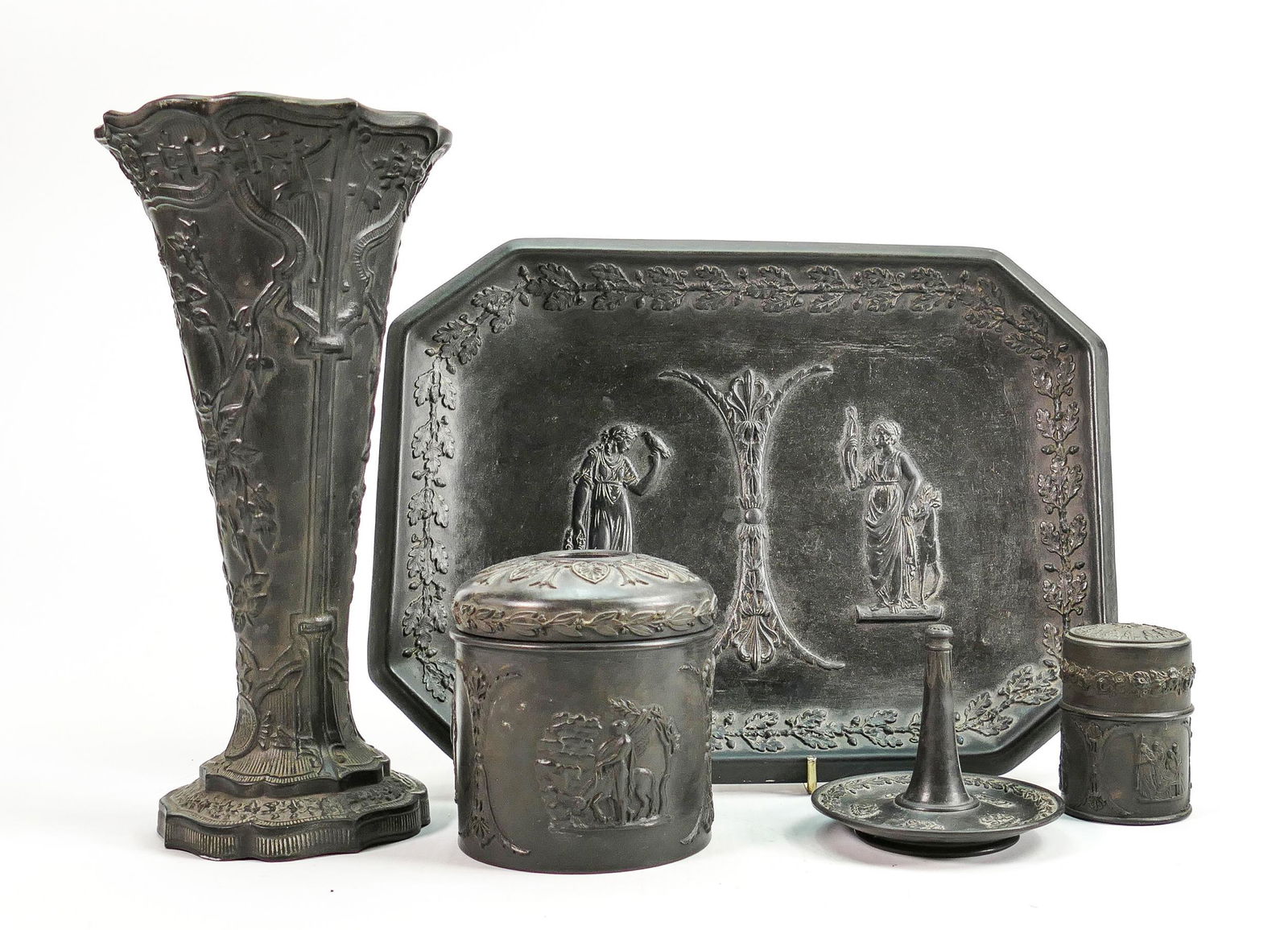 Wedgwood black Basalt ladies dressing table set: Comprising tray, ring stand, vase and 2 boxes with (1 of 3)