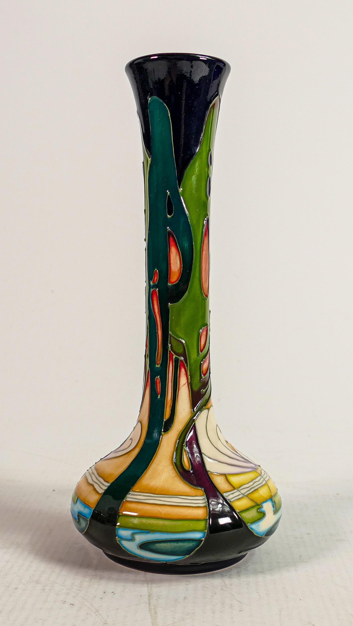 Moorcroft A Dawn patterned vase: Signed by Emma Bossons, dated 5/11/06, height 20cm, boxed (1 of 3)