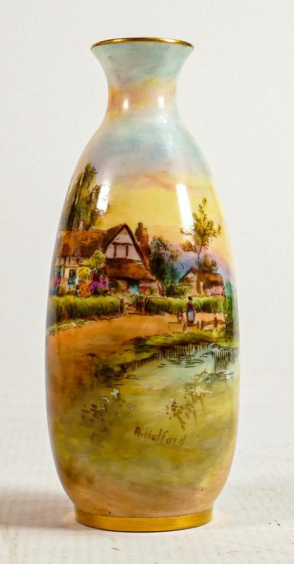 Royal Worcester hand painted Cottage scene design vase signed Halford: Blue backstamp, height 14cm: Royal Worcester hand painted Cottage scene design vase signed Halford: Blue backstamp, height 14cm
