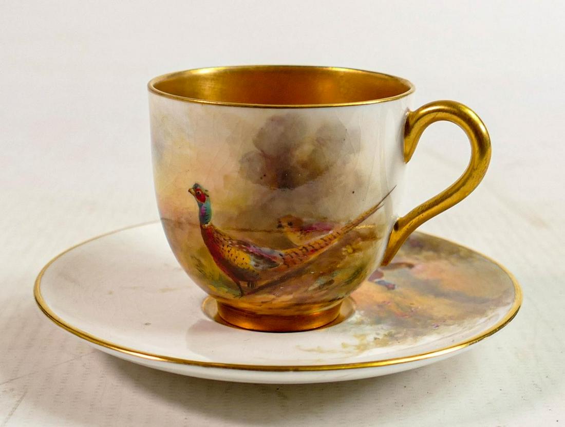 Royal Worcester hand painted Pheasants Design cup & saucer signed J Stinton: Puce backstamp, height: Royal Worcester hand painted Pheasants Design cup & saucer signed J Stinton: Puce backstamp, height 5cm