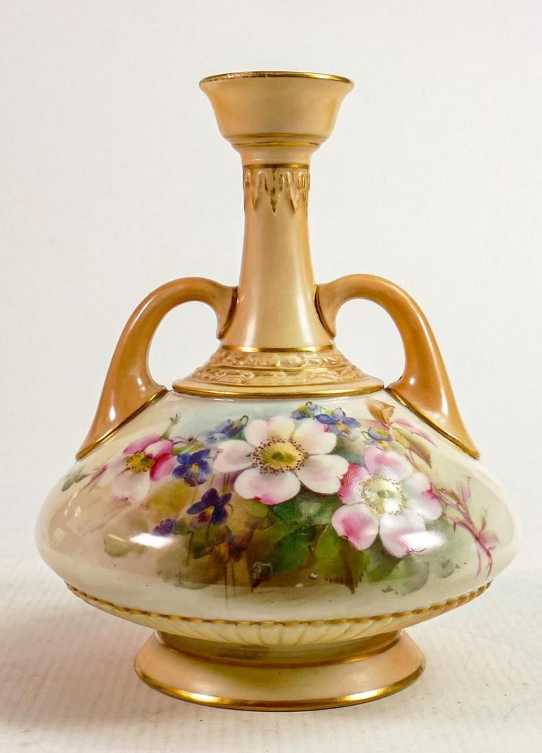 Royal Worcester hand painted floral design vase: Puce backstamp, height 17cm: Royal Worcester hand painted floral design vase: Puce backstamp, height 17cm