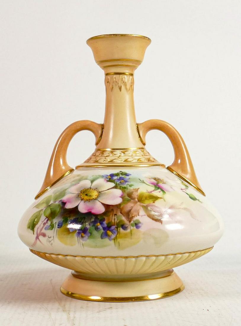 Royal Worcester hand painted Floral design twin handled vase Signed Cole: Puce backstamp, height: Royal Worcester hand painted Floral design twin handled vase Signed Cole: Puce backstamp, height 17cm