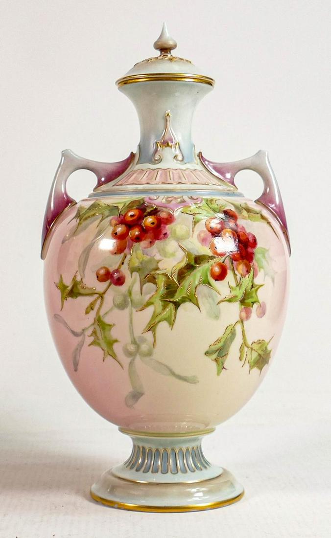 Royal Worcester hand painted Holly design twin handled vase & cover: Puce backstamp, height 22.5cm (1 of 3)