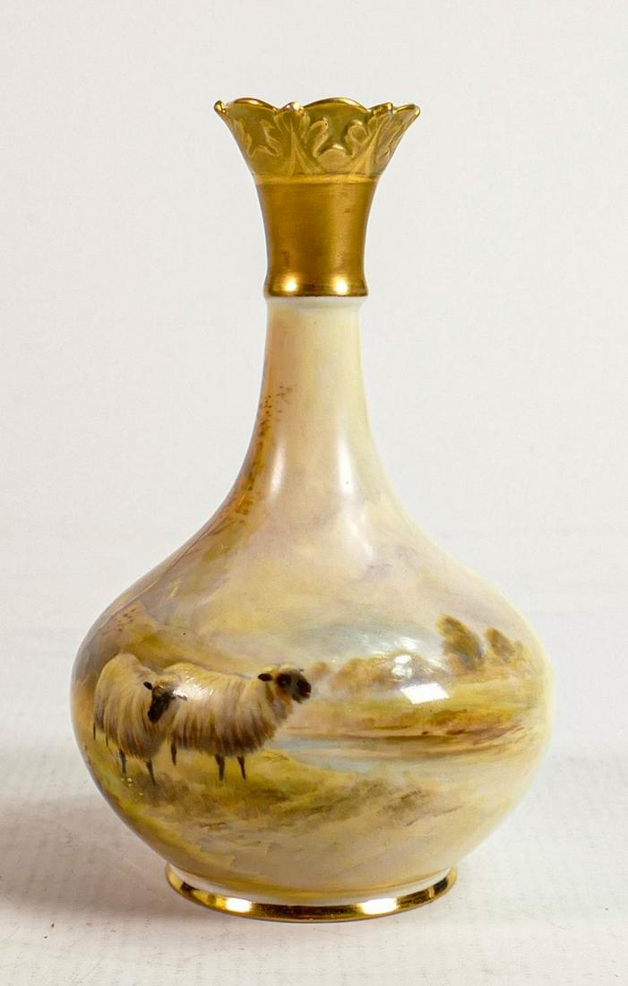 Royal Worcester hand painted Sheep design vase signed H Davis: Green backstamp, height 14.5cm: Royal Worcester hand painted Sheep design vase signed H Davis: Green backstamp, height 14.5cm
