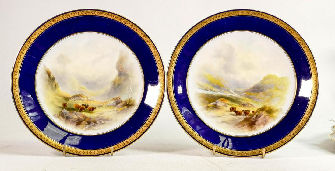 Pair Royal Worcester hand painted Highland Cattle design plates signed John Stinton: Puce backstamp,: Pair Royal Worcester hand painted Highland Cattle design plates signed John Stinton: Puce backstamp, diameter 23cm (2)