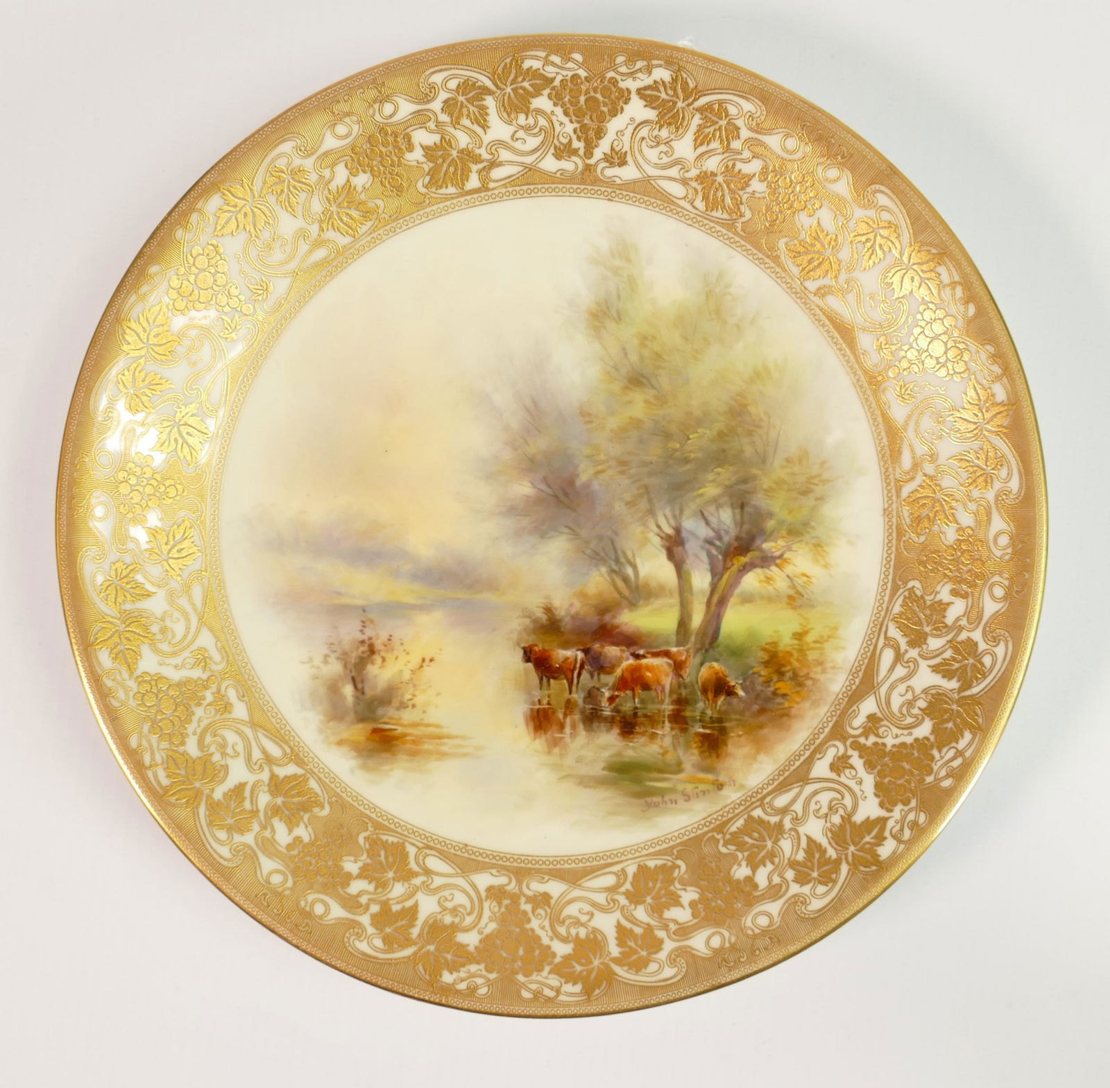 Royal Worcester hand painted Cattle design plate signed John Stinton: Puce backstamp, diameter 23cm: Royal Worcester hand painted Cattle design plate signed John Stinton: Puce backstamp, diameter 23cm
