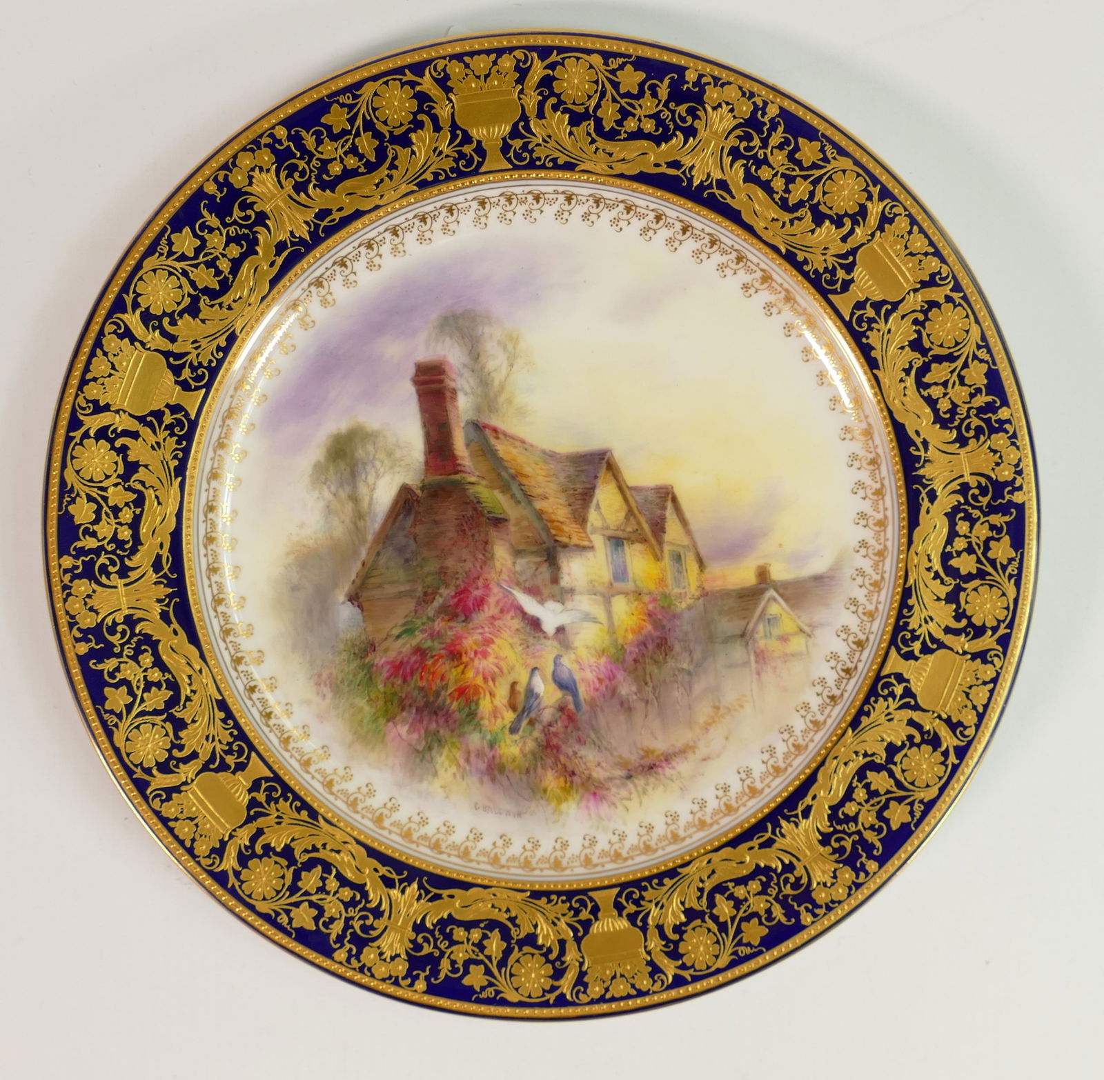 Royal Worcester hand painted Cottage scene design plate signed C Baldwyn: Puce backstamp, diameter: Royal Worcester hand painted Cottage scene design plate signed C Baldwyn: Puce backstamp, diameter 25cm
